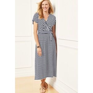 Talbots Striped Maxi Dress Navy White Wrap V-Neck Large Petite Cotton